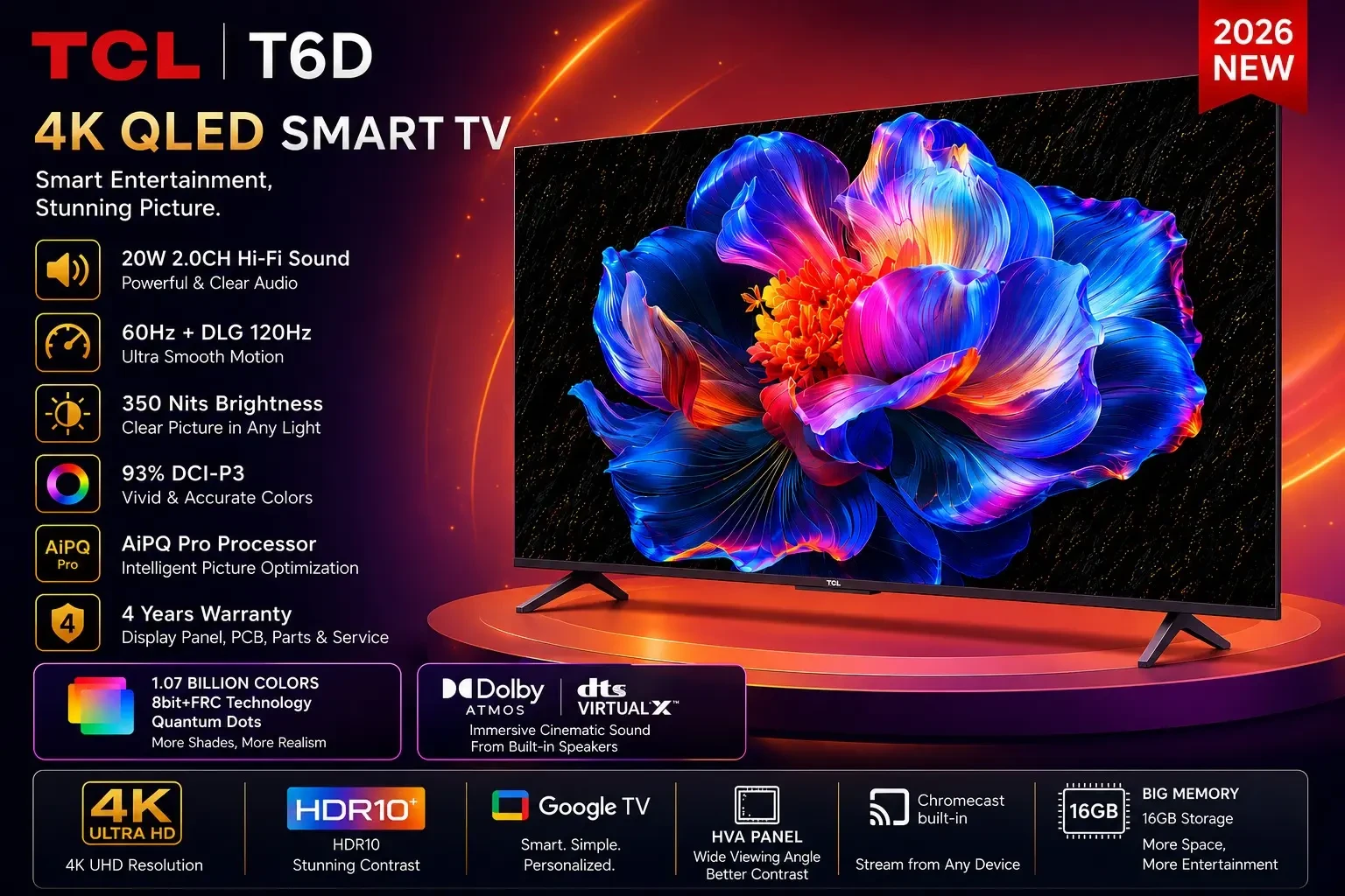TCL 55 Inch 4K QLED Google TV 55T6D 