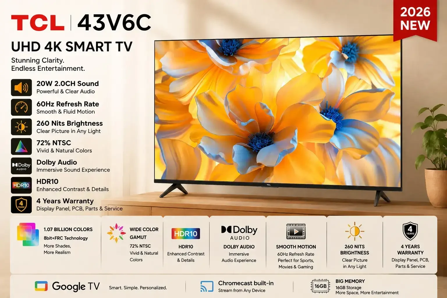 TCL 43 Inchi 4K Google TV 43V6C  UHD 